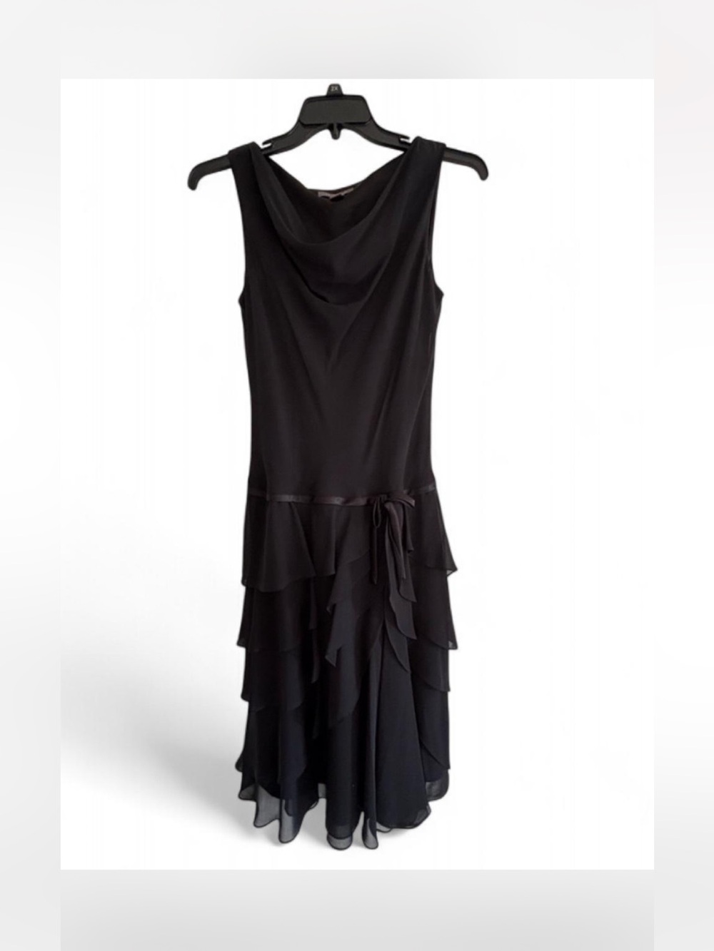 Liz Claiborne sz 8 Black Sleeveless Cowl Neck Midi Dress Ruffle Skirt chiffon